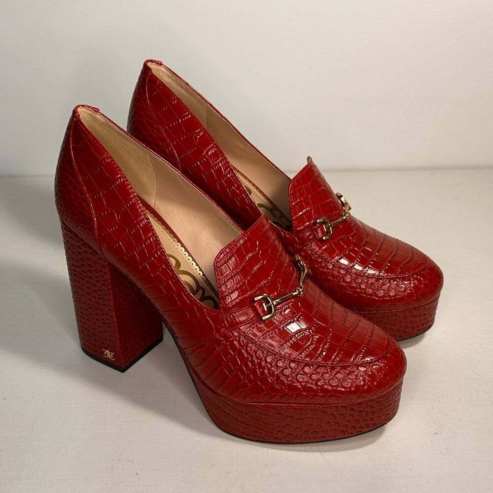 Sam Edelman Aretha Red Reptile Embossed Leather Chunky Heels Women 8.5 M